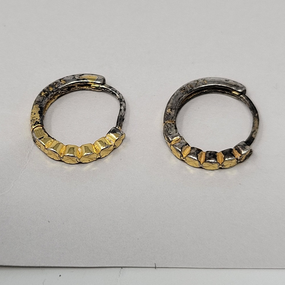 S925‎ Sterling Silver Two Tone Huggie Hoop Earrings Distressed Gold Silver 0.5"